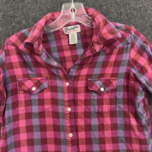 Wrangler Shirt Women's Small Pink Purple Plaid Western Pearl Snap Flannel Cowboy - Picture 2 of 6